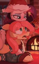 Size: 3054x5000 | Tagged: safe, artist:nookprint, derpibooru import, butterscotch, fluttershy, rarity, pegasus, pony, unicorn, female, fire, fireplace, flarity, flutterguy, half r63 shipping, male, mistletoe, rariscotch, rule 63, shipping, straight