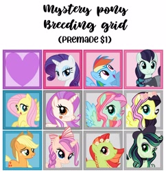 Size: 2885x2978 | Tagged: safe, artist:vernorexia, derpibooru import, applejack, coloratura, fluttershy, rainbow dash, rarity, oc, earth pony, pegasus, pony, unicorn, adoptable, appledash, bandaid, bandaid on nose, beret, bow, braid, choker, colored wings, daisy crown, female, floral head wreath, flower, flutterdash, food, freckles, gradient wings, grid, hair bow, hat, lesbian, magical lesbian spawn, multicolored hair, multicolored mane, offspring, rarajack, rarashy, rarijack, shipping, shipping chart, strawberry, wings