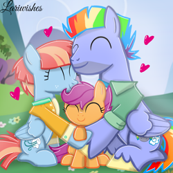 Size: 1300x1300 | Tagged: safe, artist:mlplary6, derpibooru import, bow hothoof, scootaloo, windy whistles, pegasus, pony, ^^, eyes closed, family, female, filly, floating heart, foal, heart, hug, male, mare, scootalove, sitting, smiling, stallion, trio