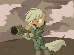 Size: 1024x768 | Tagged: safe, artist:andromedasparkz, derpibooru import, applejack, earth pony, clothes, costume, female, mare, military uniform, missing accessory, solo, uniform, weapon