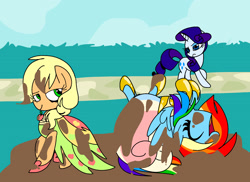 Size: 2200x1600 | Tagged: safe, artist:andromedasparkz, derpibooru import, applejack, rainbow dash, rarity, earth pony, pegasus, unicorn, clothes, dress, female, mare, missing accessory, mud, trio