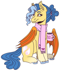 Size: 2000x2300 | Tagged: safe, artist:kikirdcz, derpibooru import, oc, oc only, bat pony, pony, bat pony oc, clothes, mug, scarf, simple background, solo, transparent background, wing hands, wings