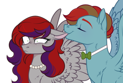 Size: 3356x2278 | Tagged: safe, derpibooru import, oc, oc only, oc:evening prose, oc:globetrotter, pegasus, pony, biting, bowtie, ear bite, female, freckles, jewelry, male, mare, necklace, pearl necklace, shipping, simple background, stallion, transparent background