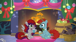 Size: 5382x3000 | Tagged: safe, derpibooru import, oc, oc only, oc:evening prose, oc:globetrotter, pegasus, pony, apple, barrel, bowtie, chocolate, christmas, female, fire, fireplace, food, freckles, hearth's warming, hearth's warming eve, holiday, hot chocolate, jewelry, male, mare, mug, necklace, pearl necklace, shipping, stallion