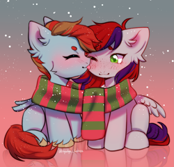 Size: 2001x1920 | Tagged: safe, derpibooru import, oc, oc only, oc:evening prose, oc:globetrotter, pegasus, pony, clothes, female, freckles, jewelry, licking, male, mare, necklace, pearl necklace, scarf, shared clothing, shared scarf, shipping, stallion, striped scarf, tongue, tongue out