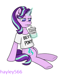 Size: 1989x2485 | Tagged: safe, artist:hayley566, derpibooru import, starlight glimmer, pony, unicorn, best pony, clothes, cup, cute, drinking, drinking straw, female, glimmerbetes, glowing, glowing horn, haters gonna hate, horn, levitation, magic, mare, meme, shirt, simple background, sitting, smug, smuglight glimmer, solo, t-shirt, telekinesis, transparent background, your tears are delicious