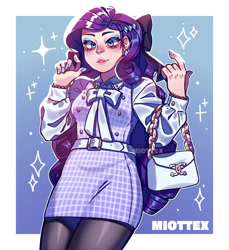 Size: 856x933 | Tagged: safe, artist:miottex, derpibooru import, rarity, human, alternate hairstyle, bag, belt, bow, bowtie, clothes, cute, ear piercing, earring, eyeshadow, female, grin, hair bow, handbag, humanized, jewelry, lipstick, makeup, nail polish, pantyhose, piercing, raribetes, shirt, skirt, smiling, solo, stockings, thigh highs