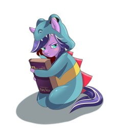 Size: 1830x2013 | Tagged: safe, artist:mdwines, derpibooru import, oc, anthro, earth pony, blushing, book, clothes, costume, earth pony oc, fairy tale, kigurumi, lidded eyes, looking at you, pokémon, protecting, solo, totodile