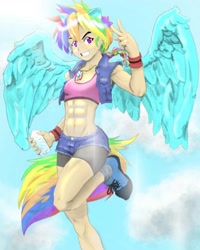 Size: 1440x1800 | Tagged: safe, artist:shawncollinsart, derpibooru import, rainbow dash, human, abs, alternate hairstyle, belly button, clothes, cloud, denim, denim shorts, eared humanization, grin, humanized, jewelry, necklace, shoes, shorts, sky, smiling, sneakers, socks, solo, sports bra, tail, tailed humanization, vest, water, water bottle, winged humanization, wings, wristband