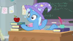 Size: 1766x993 | Tagged: safe, derpibooru import, screencap, trixie, pony, unicorn, a horse shoe-in, apple, chalkboard, clothes, eyelashes, female, food, hat, mare, solo, trixie's hat