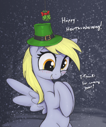 Size: 2500x3000 | Tagged: safe, artist:t72b, derpibooru import, derpy hooves, pegasus, pony, bashful, blushing, clover, clover mistaken for mistletoe, derpy being derpy, female, four leaf clover, hat, hearth's warming eve, looking at you, mare, raised hoof, raised leg, smiling, snow, snowfall, solo, spread wings, talking to viewer, wings