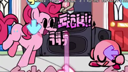 Size: 475x269 | Tagged: safe, derpibooru import, pinkie pie, earth pony, human, pony, arrow, bipedal, crossover, door, female, friday night funkin', funkin' is magic, kirby, kirby (series), male, mare, numbers, puffball, sitting, smiling, speaker, text, youtube link