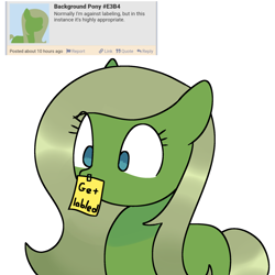 Size: 2048x2048 | Tagged: safe, artist:omelettepony, ponerpics import, oc, oc only, earth pony, pony, comments, cute, derpibooru background pony icon, female, looking at something, mare, simple background, solo, sticky note, surprised, tape, text, white background