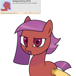 Size: 2048x2048 | Tagged: safe, artist:omelettepony, ponerpics import, oc, oc only, oc:boxfilly, angry, blurry, comments, derpibooru background pony icon, female, filly, foal, mare, moving, offscreen character, open mouth, simple background, sticky note, tape, white background
