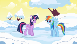 Size: 1600x908 | Tagged: safe, artist:benpictures1, rainbow dash, twilight sparkle, twilight sparkle (alicorn), alicorn, pegasus, cute, dashabetes, female, flower, flower in ear, flower in hair, mare, shipping, snow, twiabetes, twidash