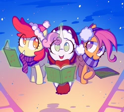 Size: 1920x1728 | Tagged: safe, artist:dawnfire, apple bloom, scootaloo, sweetie belle, earth pony, pegasus, pony, unicorn, book, caroling, choir book, christmas, clothes, cutie mark crusaders, earmuffs, female, filly, foal, folded wings, hat, holiday, horn, looking at you, looking up, looking up at you, magic, open mouth, santa hat, scarf, smiling, snow, snowfall, telekinesis, trio, wings, winter