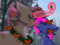 Size: 1600x1200 | Tagged: safe, artist:reatheblank, oc, oc:kai, oc:mistic spirit, cyborg, original species, pegasus, pony, unicorn, christmas, cybernetic eyes, cybernetic pony, cybernetic wings, mistletoe, winter