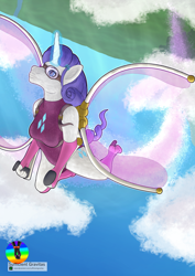 Size: 2480x3508 | Tagged: safe, artist:sufficientgravitas, derpibooru import, rarity, anthro, unicorn, artificial wings, augmented, clothes, female, flying, glowing, glowing horn, goggles, horn, jetpack, leotard, mechanical wing, sky, solo, wings