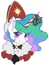 Size: 1873x2463 | Tagged: safe, artist:taytinabelle, derpibooru exclusive, derpibooru import, princess celestia, alicorn, pony, blushing, bust, choker, closed mouth, clothes, colored eyelashes, cute, cutelestia, cutie mark accessory, ear fluff, ears, female, looking at you, mare, mistletoe, ribbon, simple background, sinterklaas, smiling, solo, transparent background