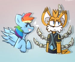 Size: 1757x1455 | Tagged: safe, artist:swiftifizzix, derpibooru import, rainbow dash, ashleigh ball, cute, miles "tails" prower, smiling, sonic prime, sonic the hedgehog (series), voice actor joke