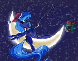 Size: 1400x1100 | Tagged: safe, artist:rocket-lawnchair, derpibooru import, princess luna, alicorn, pony, christmas, female, fishing, fishing rod, gift wrapped, hat, holiday, horn, mare, mare in the moon, moon, present, s1 luna, santa hat, solo, spread wings, stars, tangible heavenly object, wings