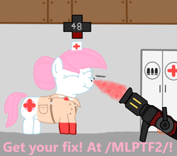 Size: 1246x1096 | Tagged: safe, derpibooru import, nurse redheart, earth pony, pony, /mlp/ tf2 general, cabinet, clothes, hat, healing, hoof gloves, inhaling, kritzkrieg, life bar, medic, nurse hat, sniffing, team fortress 2