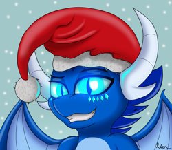 Size: 2580x2254 | Tagged: safe, artist:neondragon, derpibooru import, oc, oc:cobalt the dragon, dragon, christmas, glowing, glowing eyes, hat, hearth's warming, holiday, looking at you, santa hat, smiling, smiling at you, snow, snowfall, solo, spread wings, wings