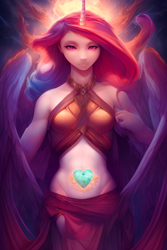 Size: 1408x2112 | Tagged: safe, derpibooru import, editor:craft, generator:purplesmart.ai, generator:stable diffusion, machine learning generated, princess cadance, anthro, human, alternative cutie mark placement, belly button, breasts, humanized, midriff, small breasts, tattoo, winged humanization, wings