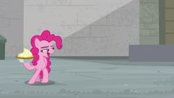 Size: 2560x1440 | Tagged: safe, derpibooru import, screencap, pinkie pie, earth pony, pony, the last laugh, female, food, mare, open mouth, pie, solo