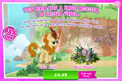 Size: 1961x1298 | Tagged: safe, derpibooru import, autumn afternoon, kirin, advertisement, background character, background kirin, bush, costs real money, english, gameloft, horn, male, mobile game, my little pony: magic princess, numbers, official, rock, runes, sale, solo, text