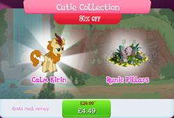 Size: 1267x857 | Tagged: safe, derpibooru import, autumn afternoon, kirin, background character, background kirin, bundle, bush, costs real money, english, gameloft, horn, male, mobile game, my little pony: magic princess, numbers, official, rock, runes, sale, solo, solo focus, text