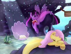 Size: 1181x906 | Tagged: safe, artist:marychristine08, derpibooru import, fluttershy, twilight sparkle, alicorn, pegasus, seapony (g4), book, bubble, clothes, crepuscular rays, cute, digital art, dorsal fin, duo, eyes closed, female, fins, fish tail, flowing mane, flowing tail, horn, lying down, mare, pink mane, purple eyes, rock, seaponified, seapony fluttershy, seapony twilight, seaweed, see-through, sleeping, smiling, species swap, sunlight, tail, underwater, water, wings