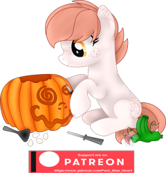 Size: 2380x2475 | Tagged: safe, artist:pure-blue-heart, derpibooru import, oc, oc only, oc:brushed light, earth pony, pony, body freckles, earth pony oc, female, freckles, golden eyes, halloween, holiday, jack-o-lantern, mare, patreon, patreon logo, patreon reward, pumpkin, pumpkin carving, short hair, simple background, solo, transparent background