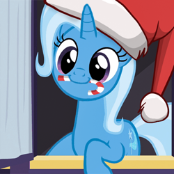 Size: 500x500 | Tagged: safe, derpibooru import, edit, edited screencap, screencap, trixie, pony, unicorn, to saddlebags and back again, to where and back again, candy, candy cane, christmas, cute, diatrixes, food, hat, holiday, santa hat, solo