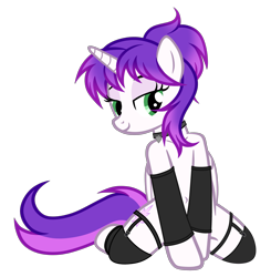 Size: 4561x4657 | Tagged: safe, artist:equestria secret guard, derpibooru import, oc, oc only, oc:purple rose, alicorn, pony, alicorn oc, bedroom eyes, belly button, clothes, female, hoofless socks, horn, jewelry, kneeling, latex, latex socks, looking at you, mare, neck rings, necklace, sexy, shoulder, simple background, socks, solo, transparent background, vector, wings