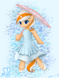 Size: 1713x2278 | Tagged: safe, artist:speedy dashie, derpibooru import, oc, oc only, oc:accurate balance, pony, semi-anthro, unicorn, clothes, cute, dress, female, parasol (umbrella), shoes, solo, umbrella