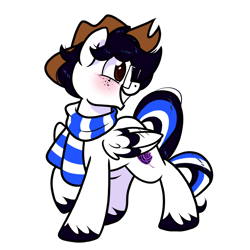 Size: 1300x1300 | Tagged: safe, artist:paperbagpony, derpibooru import, oc, oc only, pegasus, pony, 2023 community collab, clothes, cowboy hat, derpibooru community collaboration, freckles, glasses, hat, scarf, simple background, solo, striped scarf, transparent background, unshorn fetlocks