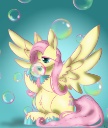 Size: 1000x1185 | Tagged: safe, artist:pagophasia, derpibooru exclusive, derpibooru import, fluttershy, pegasus, pony, bubble, colored hooves, cute, female, frog (hoof), impossibly long eyelashes, looking down, mare, open mouth, reflection, shyabetes, simple background, sitting, solo, spread wings, underhoof, unshorn fetlocks, wings