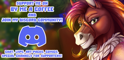 Size: 1400x678 | Tagged: safe, artist:sunny way, derpibooru import, discord, anthro, horse, advertisement, art, artwork, christmas, comic, commission, community, digital art, female, finished commission, holiday, promotion, solo, support, traditional art