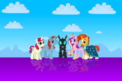 Size: 2160x1440 | Tagged: safe, artist:origami_fimfic, derpibooru import, princess cadance, sunburst, thorax, oc, alicorn, changeling, pony, unicorn, fanfic art, reflection