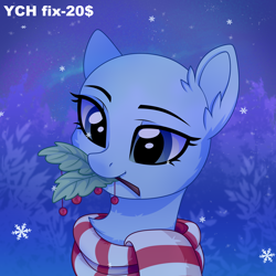 Size: 3500x3500 | Tagged: safe, artist:stormcloud, derpibooru import, oc, pony, advertisement, any gender, any race, bust, christmas, clothes, commission, cute, ear fluff, ears, holiday, holly, holly mistaken for mistletoe, looking at something, mouth hold, portrait, scarf, sky, sky background, smiling, snow, solo, striped scarf, tree, your character here