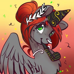 Size: 2400x2400 | Tagged: safe, artist:opalacorn, derpibooru import, oc, oc only, oc:void, pegasus, pony, confetti, female, gradient background, hair bun, hat, high res, mare, mouth hold, nose piercing, nose ring, party hat, party horn, pegasus oc, piercing, solo