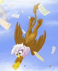 Size: 1280x1578 | Tagged: safe, artist:pzkratzer, derpibooru import, derpy hooves, gilda, griffon, pegasus, cloud, flying, mail