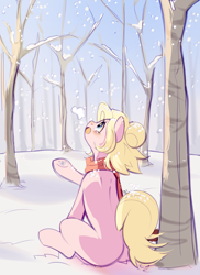 Size: 2149x2944 | Tagged: safe, artist:pledus, derpibooru import, oc, oc only, oc:kara waypoint, earth pony, pony, clothes, female, forest, mare, scarf, snow, snowfall, snowflake, solo, winter