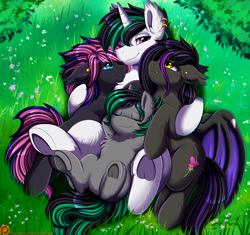 Size: 2696x2533 | Tagged: safe, artist:pridark, derpibooru import, oc, oc only, oc:harmony strips, oc:ranya flora, oc:sil feather, bat pony, pony, unicorn, bat pony oc, chest fluff, cuddle puddle, cuddling, eyes closed, featureless crotch, female, fluffy, grass, horn, male, pony pile, relaxing, underhoof, unicorn oc