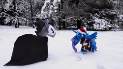 Size: 1192x670 | Tagged: safe, derpibooru import, king sombra, princess luna, alicorn, unicorn, clothes, forest, photo, plushie, winter, winter outfit