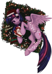 Size: 1920x2717 | Tagged: safe, artist:avrameow, derpibooru import, twilight sparkle, twilight sparkle (alicorn), alicorn, pony, christmas, christmas lights, clothes, ear fluff, ears, female, hat, holiday, looking at you, mare, merry christmas, present, santa hat, scarf, simple background, striped scarf, transparent background, wreath