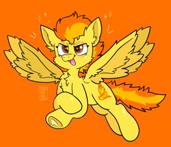 Size: 1854x1597 | Tagged: safe, artist:spookyfoxinc, derpibooru import, spitfire, pegasus, pony, chest fluff, eyeshadow, fangs, female, flying, heart, heart eyes, makeup, mare, open mouth, open smile, orange background, simple background, smiling, smug, solo, spread wings, wingding eyes, wings