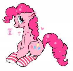 Size: 1743x1693 | Tagged: safe, artist:spookyfoxinc, derpibooru import, pinkie pie, earth pony, clothes, heart, simple background, socks, solo, striped socks, white background
