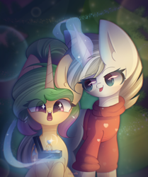 Size: 1800x2150 | Tagged: safe, artist:miryelis, derpibooru import, oc, oc only, pony, unicorn, christmas, christmas tree, clothes, commission, couple, female, glowing, glowing horn, gradient mane, heart, holiday, horn, jewelry, magic, magic aura, present, ring, signature, sitting, smiling, standing, telekinesis, tree, unicorn oc